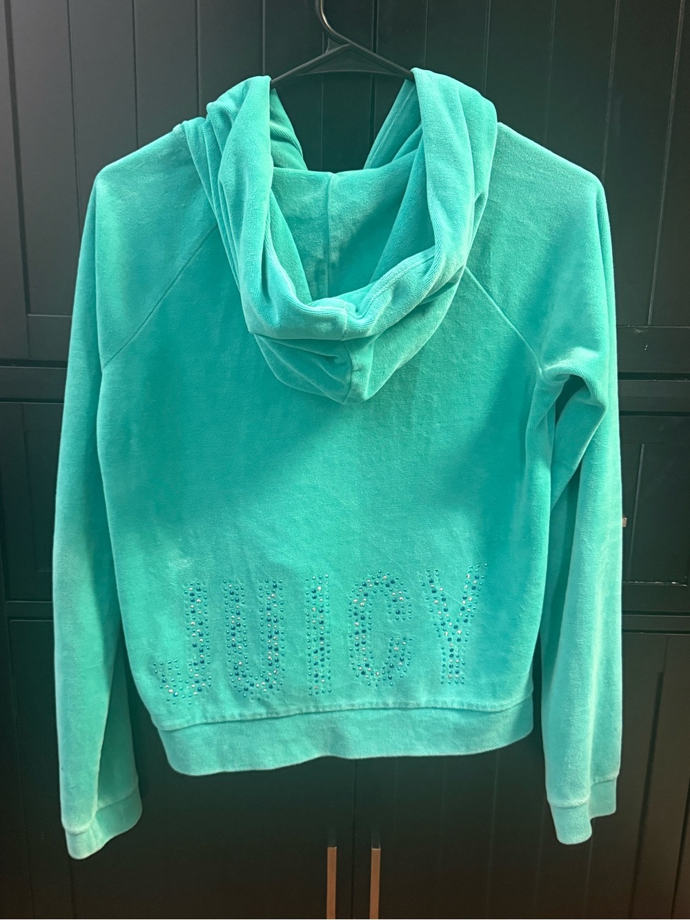 Juicy Couture Turquoise Velour Hooded Pullover with Rhinestone Logo